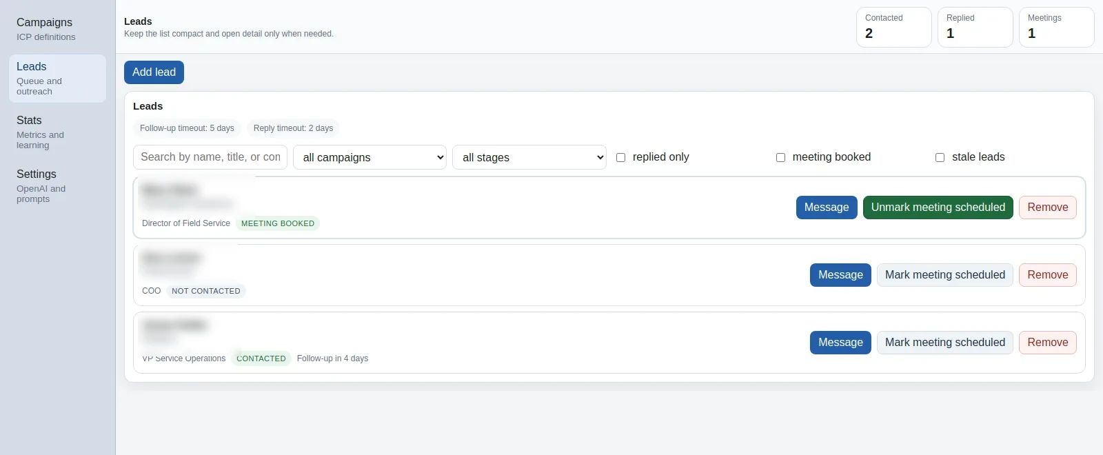 Lead queue with follow-up flags and workflow actions.
