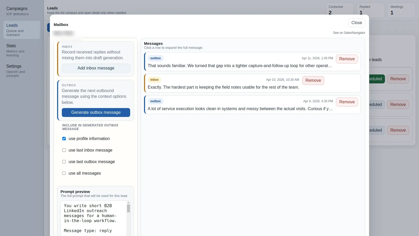Mailbox view with inbox capture, outbox generation, and message history.