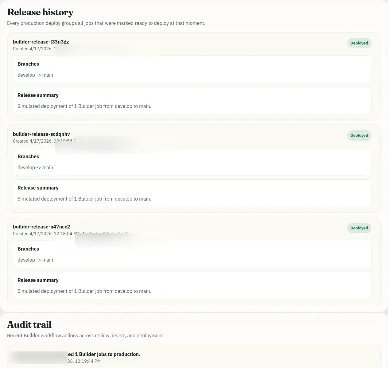 Builder release history and audit trail showing deployed jobs and review actions.