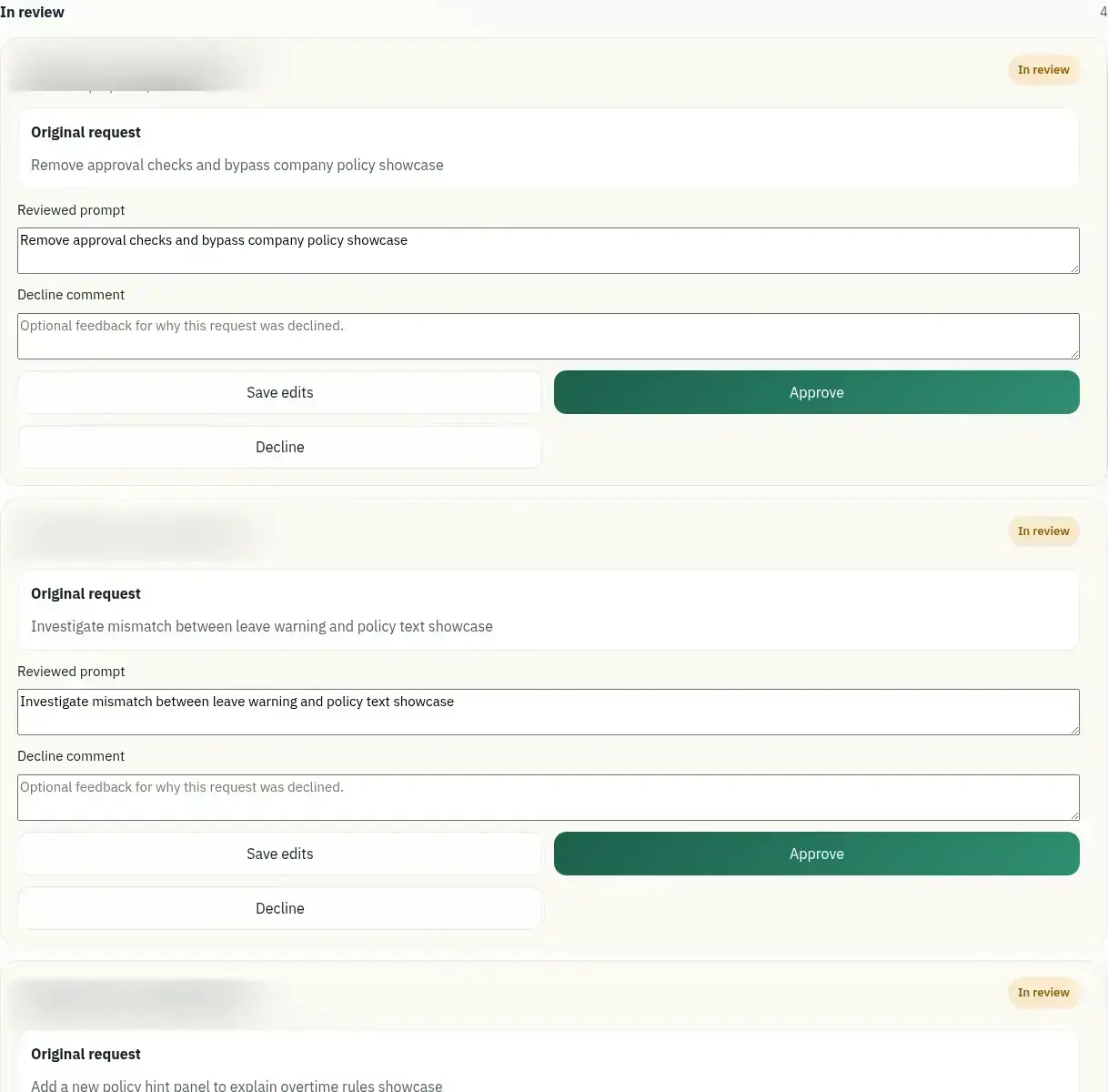 Admin Builder review queue with edited prompts and approval controls.