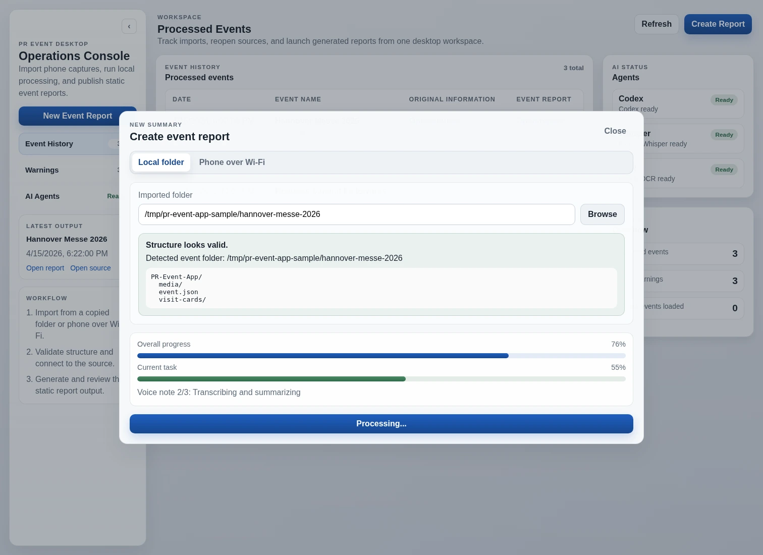 Desktop processing state with progress bars.
