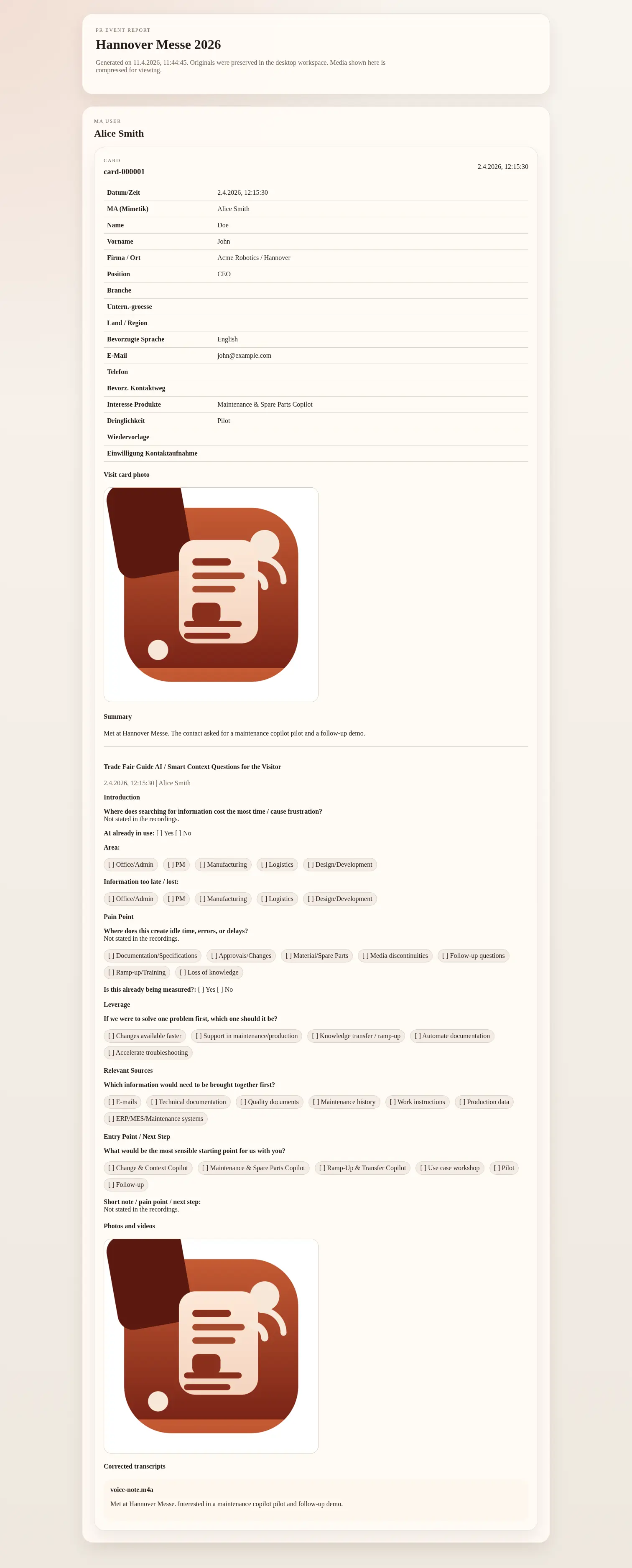 Generated static report for one event.